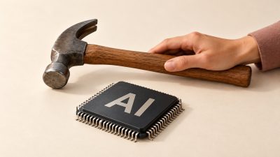 A hand holds a hammer beside a large processor labelled AI on a pale background.